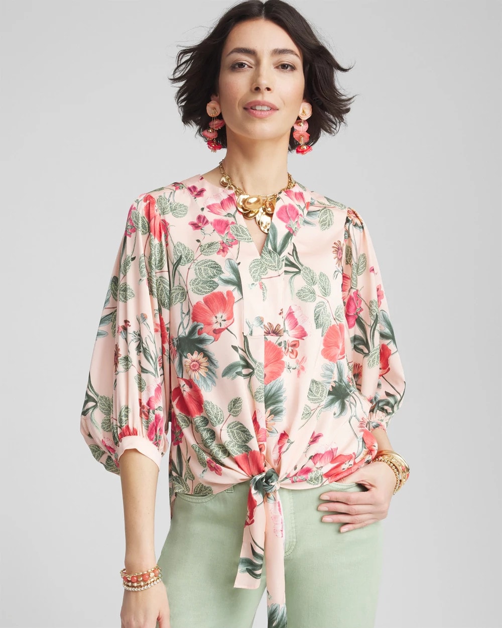 Chico's Best Price | Floral Satin Tie-Front Pullover Top