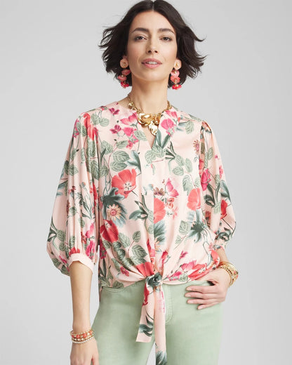 Chico's Best Price | Floral Satin Tie-Front Pullover Top