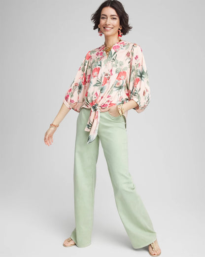 Chico's Best Price | Floral Satin Tie-Front Pullover Top