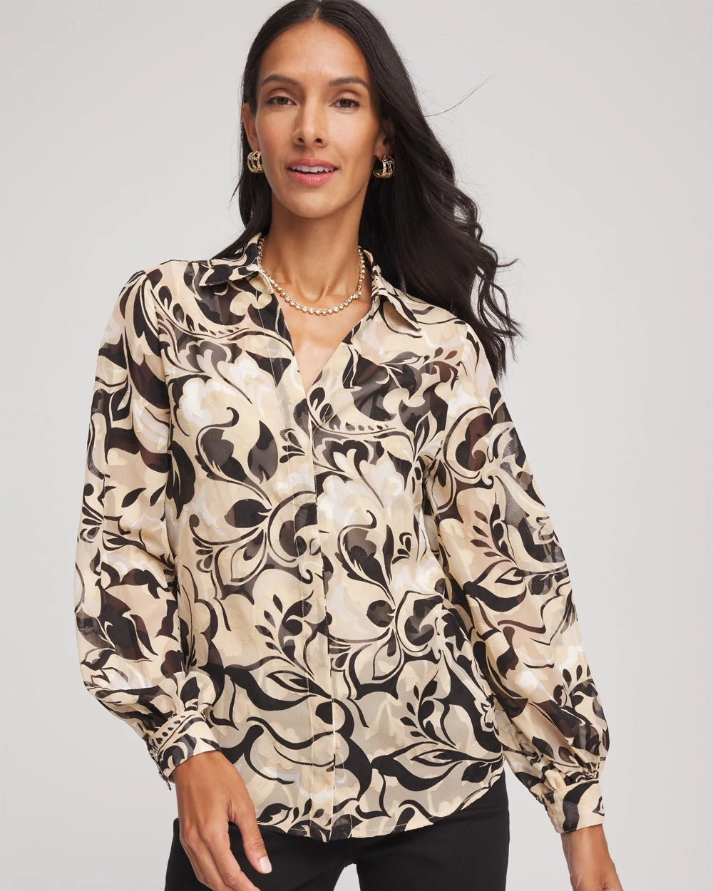 Chico's Signature | Floral Burnout Blouson-Sleeve Blouse