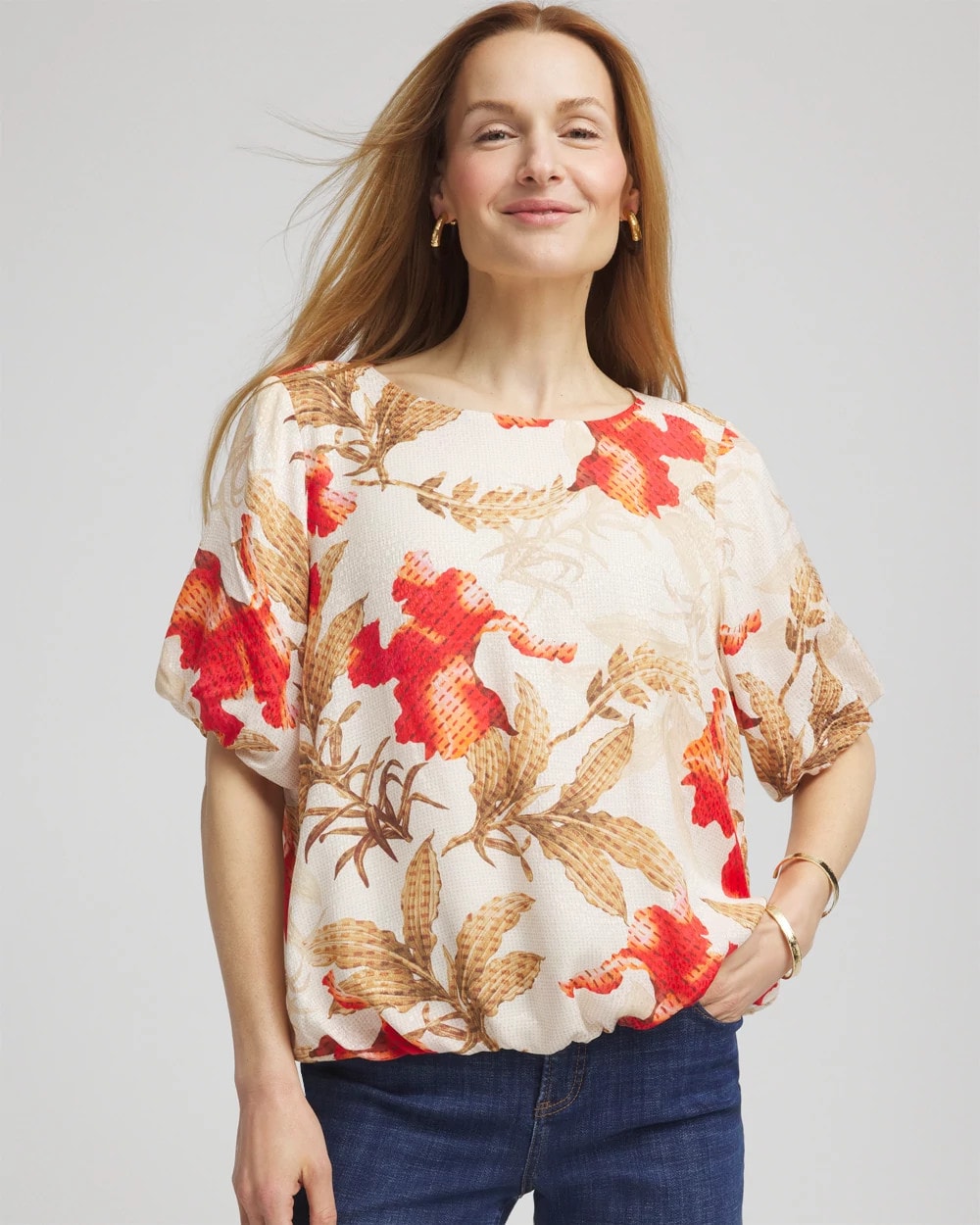 Chico's Sale | Floral Bubble-Hem Blouse