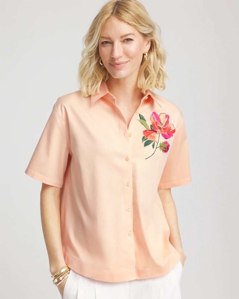 Chico's Signature | No Iron™ Embroidered Floral Short-Sleeve Shirt