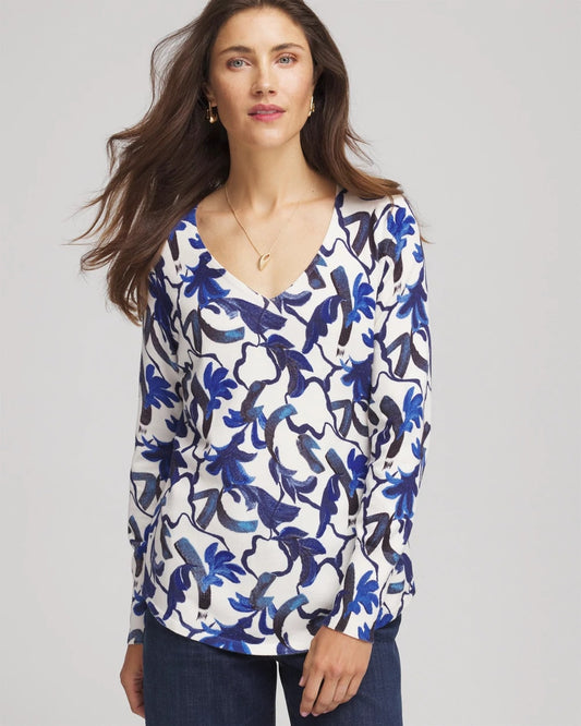 Chico's Value | Ella V-Neck Blue-Petals Pullover Sweater