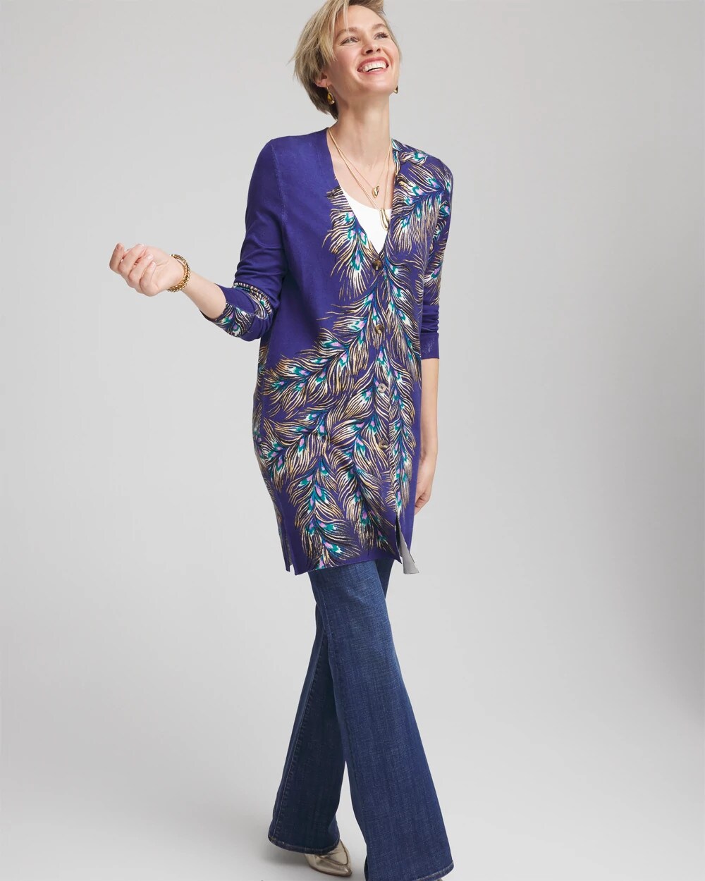 Chico's Exclusive | Ella Peacock-Print Cardigan Sweater