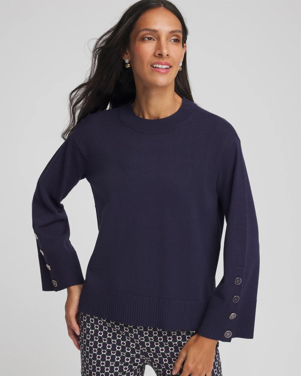 Chico's Deals | Button Sleeve Crewneck Pullover