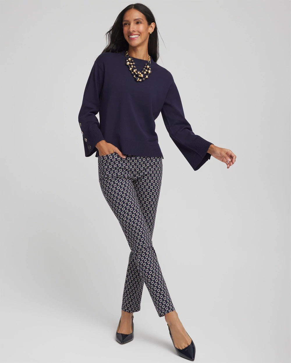 Chico's Deals | Button Sleeve Crewneck Pullover