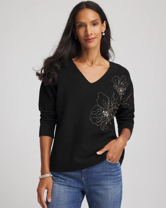 Chico's Classic | Floral Embellished Dolman V-Neck Pullover