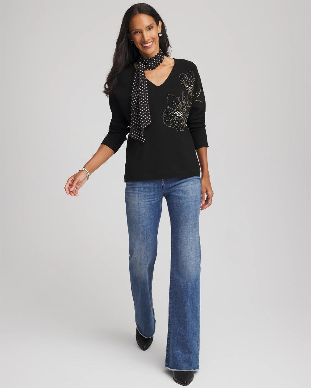 Chico's Classic | Floral Embellished Dolman V-Neck Pullover