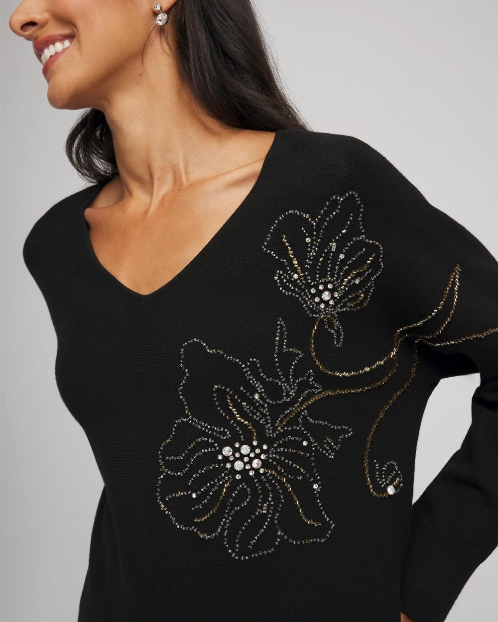 Chico's Classic | Floral Embellished Dolman V-Neck Pullover