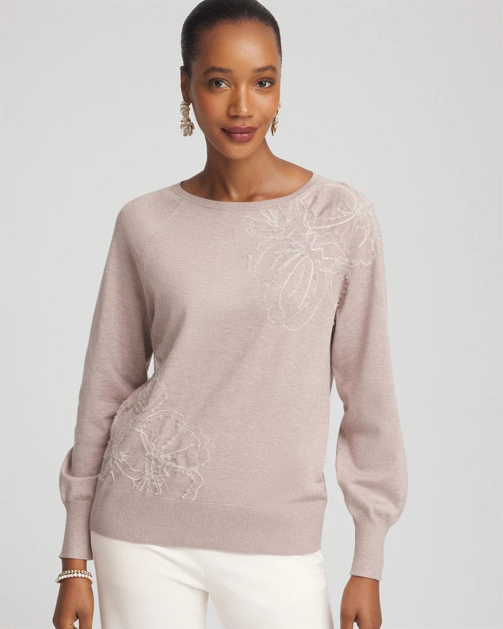 Chico's Essential | Embroidered Pull-Over Boatneck Sweater