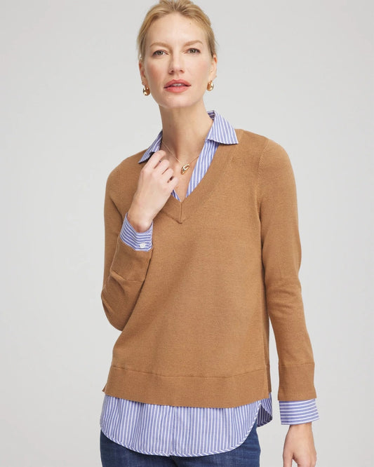 Chico's Value | Camel Built-In Shirt Knit Sweater