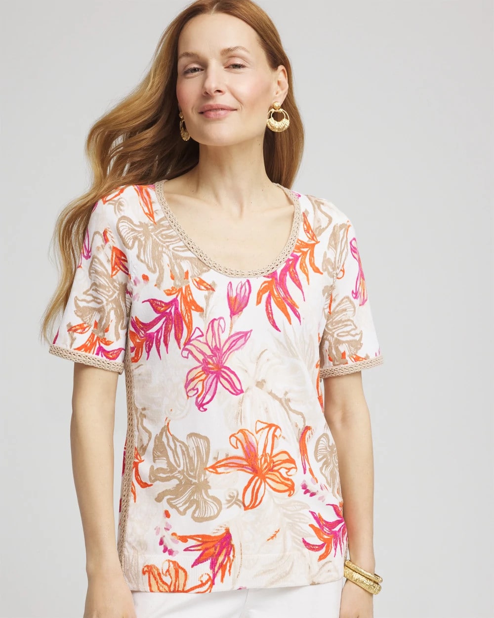 Chico's Top Pick | Floral Print Crochet-Trim Pullover Sweater