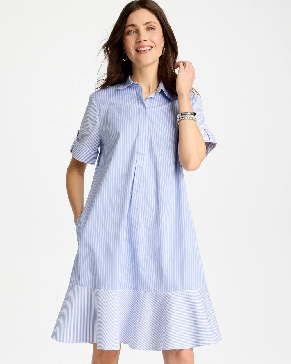 Chico's Best Price | Popover Striped Tiered Poplin Dress