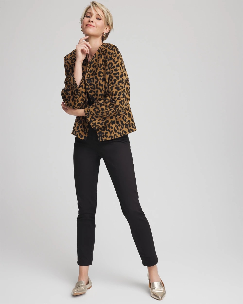 Chico's Essential | Fuzzy Collarless Animal Print Jacket