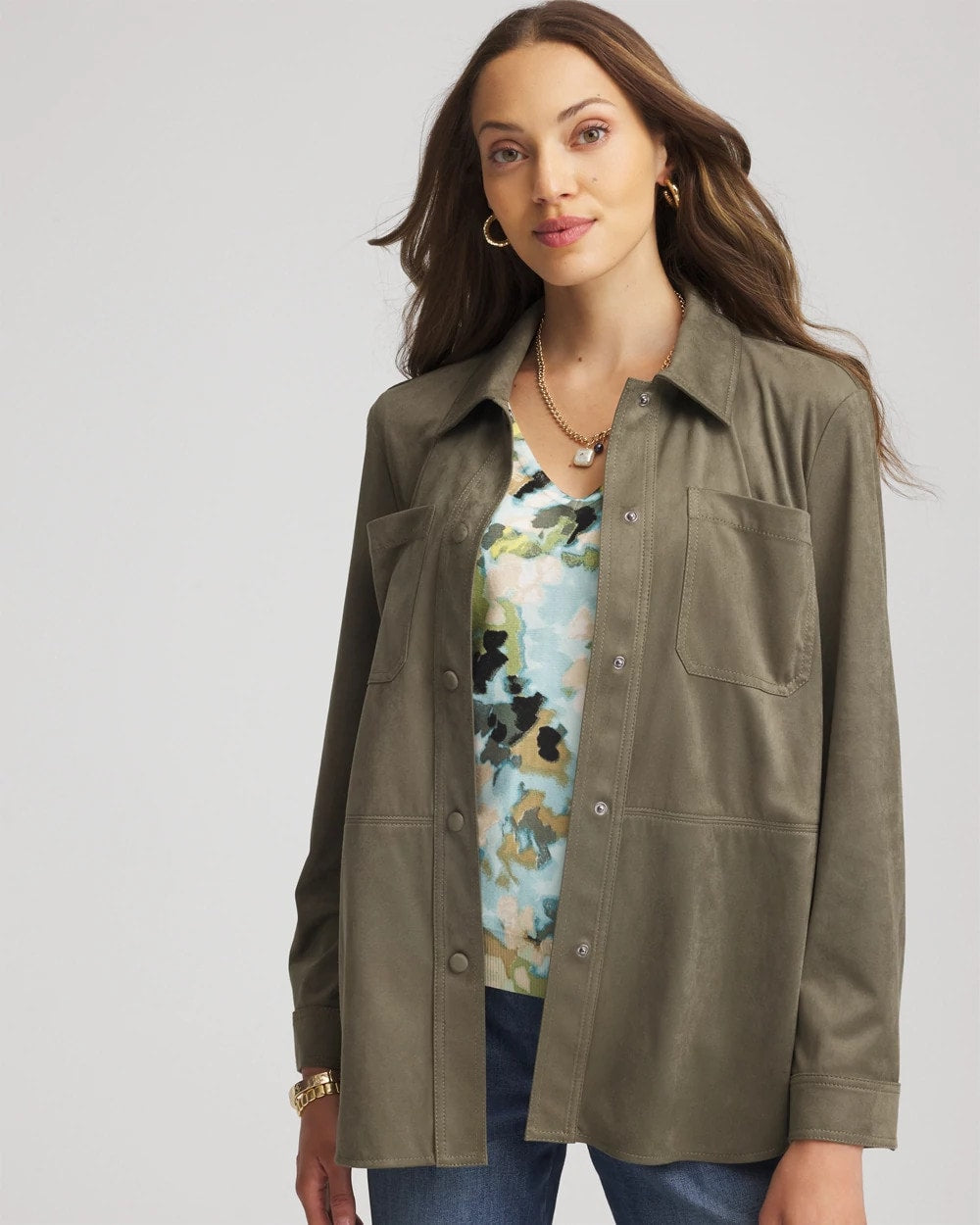 Chico's Sale | Suede Collared Long-Sleeved Shacket