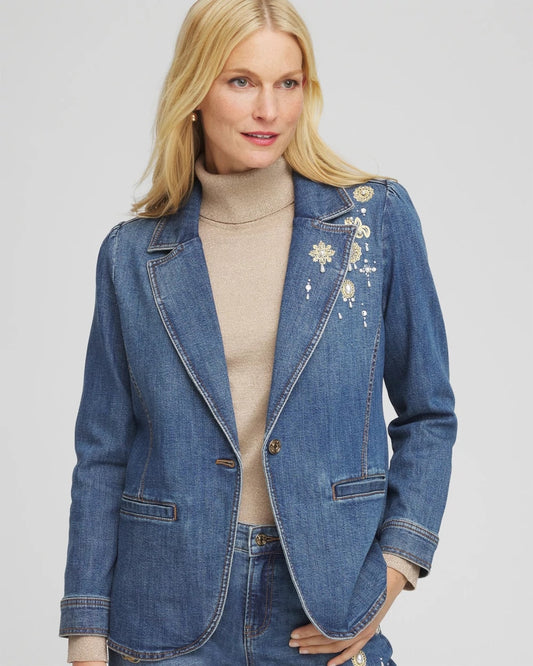 Chico's Great Value | Pearl Brooch Denim Blazer