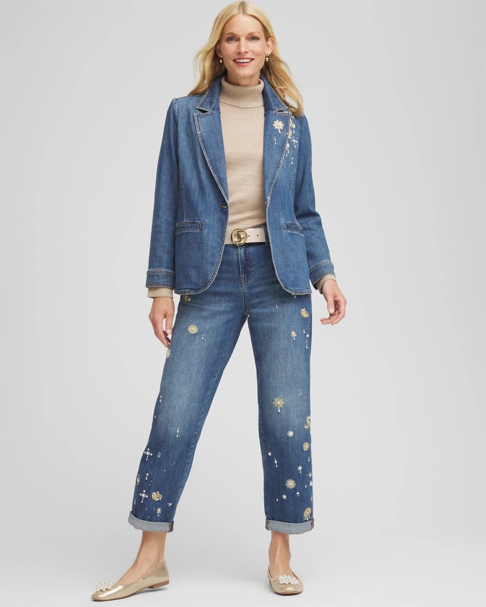 Chico's Great Value | Pearl Brooch Denim Blazer