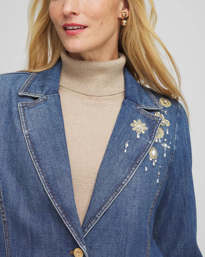 Chico's Great Value | Pearl Brooch Denim Blazer