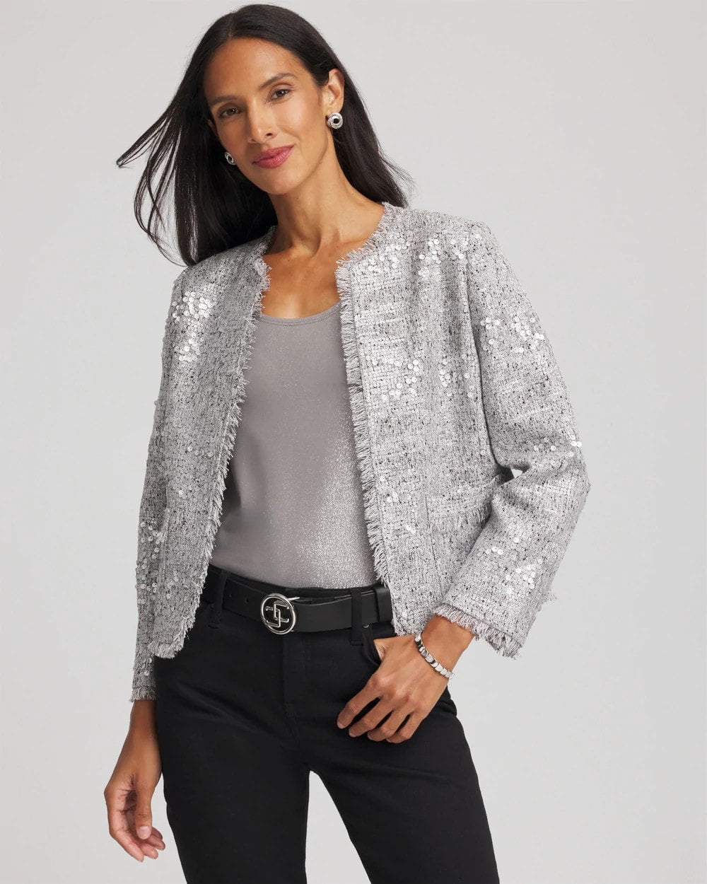 Chico's Hot Sale | Silver Sequins Tweed Jacket