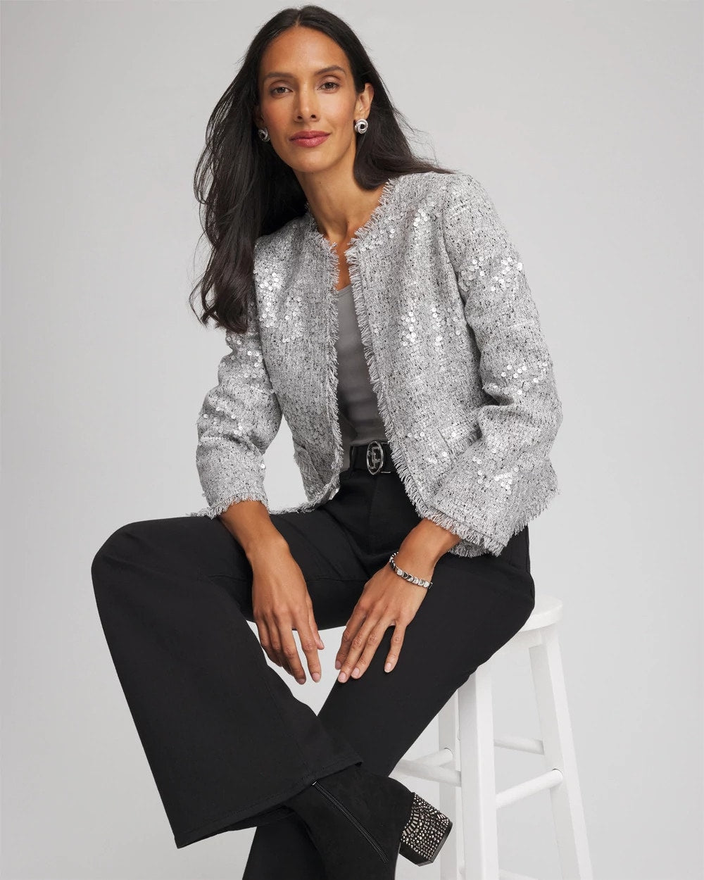 Chico's Hot Sale | Silver Sequins Tweed Jacket